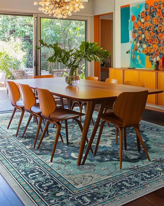 Area Rugs 8'x10' Washable Non-Slip, Floral Vintage Distress Print Pattern Medallion Carpet for Living Room Bedroom Dining Room, Teal Green Lake Blue Turquoise