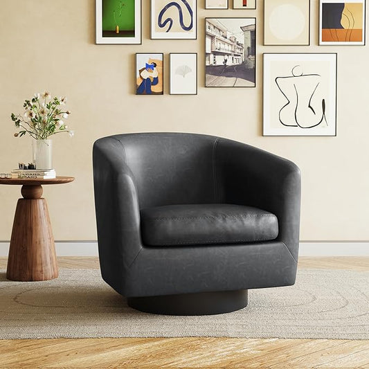 UIXE 360° Swivel Barrel Accent Chair Armchair, PU Leather Round Club Arm Chair for Lving Room, Modern Upholstered Small Bedroom Single Sofa Seat - Black, Set of 1