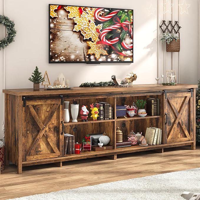 Farmhouse TV Stand for 90 Inch TV with Sliding Barn Door, Rustic Wood Entertainment Center Large Media Console Cabinet Long Television Stands,Console Table and Media Furniture for Living Room(Brown)
