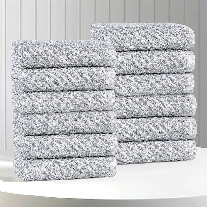 Superior Amelia Viscose Cotton Blend Medium Weight Small Towels, for Kitchen, Bathroom, Spa, Plush, Quick Dry, Ultra-Soft Essentials, Ribbed Design, Face Towels Washcloths, Set of 12, Denim Blue