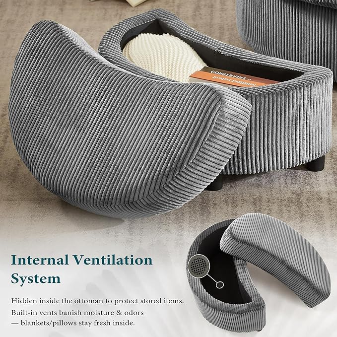 Swivel Accent Chair with Ottoman Comfy Reading Chairs for Bedroom Modern Corduroy Arm Chair 360°Swivel Barrel Chairs for Living Room,Apartment (Dark Grey, 2)