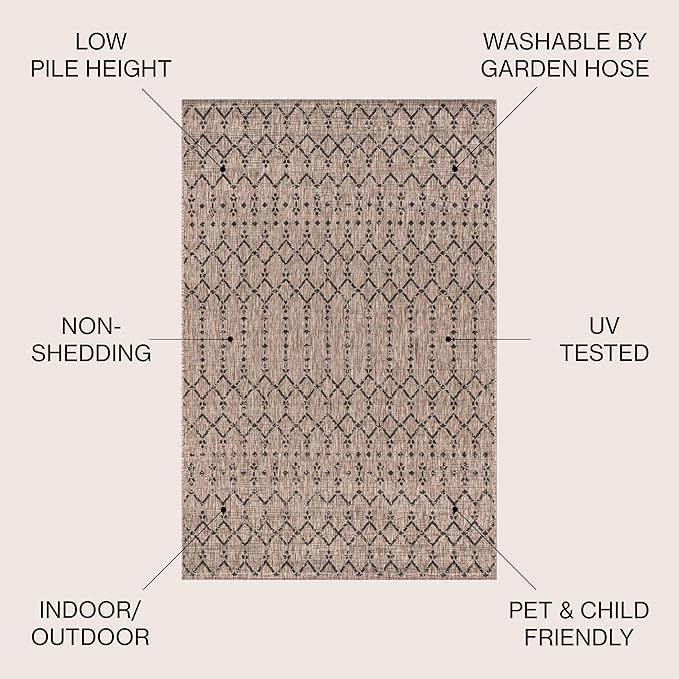 JONATHAN Y SMB108D-4R Ourika Moroccan Geometric Textured Weave Indoor/Outdoor Area Rug, Bohemian, Scandinavian for Bedroom, Kitchen, Living Room, Easy-Cleaning, Natural/Black, 4' Round