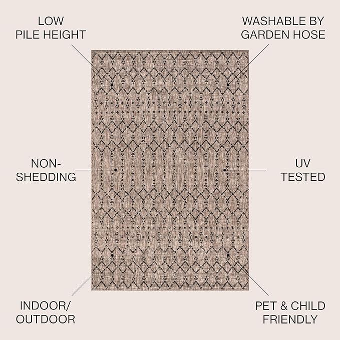JONATHAN Y SMB108D-5R Ourika Moroccan Geometric Textured Weave Indoor Outdoor Area Rug, Bohemian, Rustic, Scandinavian Easy Clean,Bedroom,Kitchen,Backyard,Patio, Non-Shed, Natural/Black, 5' Round