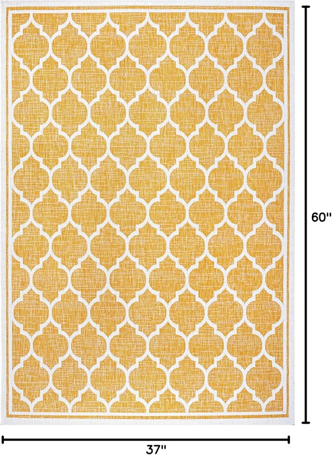 Eyely BMS109F-3 Santa Monica Trebol Moroccan Trellis Textured Weave Indoor/Outdoor Area Rug Coastal;Bohemian, Bedroom, Backyard, Patio, Easy-Cleaning, Non-Shedding, 3 X 5, Yellow/Cream