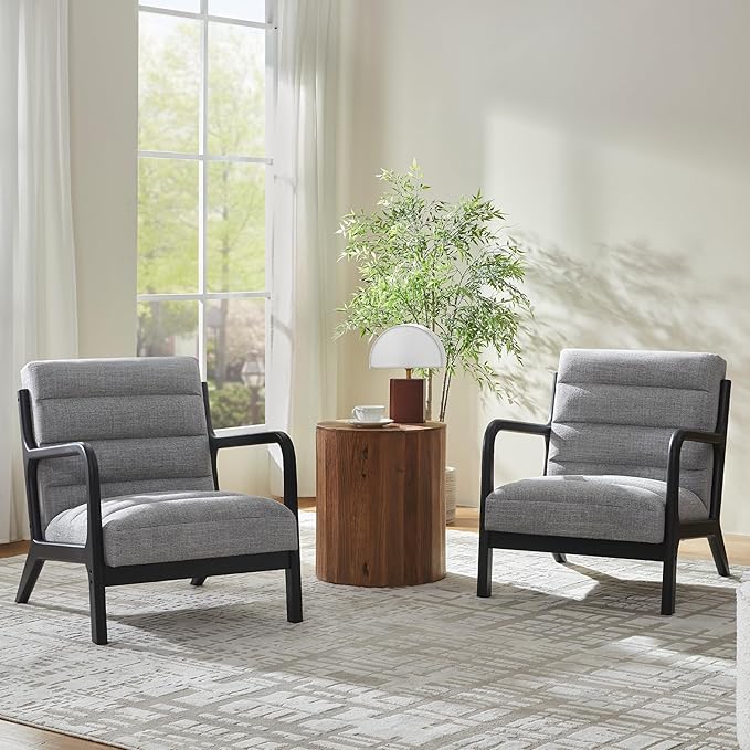 VKNOW Accent Chair with Rubberwood Frame Accent Chair Set of 2, Mid-Century Modern Upholstered Reading Armchair, High Back Lounge Armchair Living Room Chair for Bedroom Reading Room, Grey