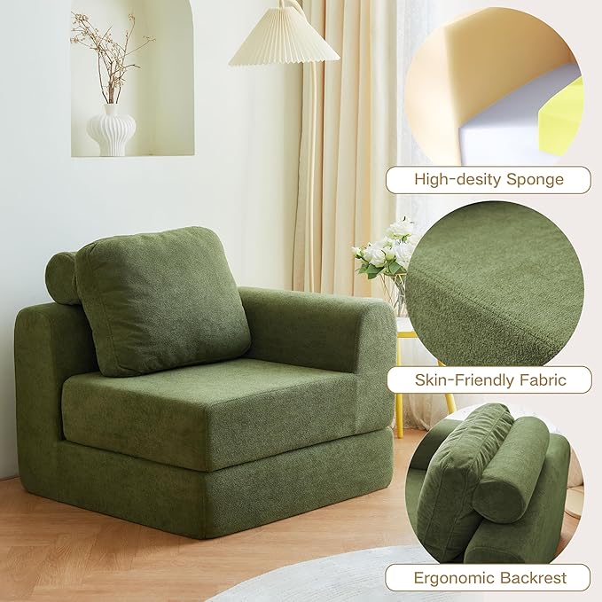 Convertible Folding Sofa Bed, Multi-Functional Sleeper Chair with Memory Foam and Back Support – Portable Futon Couch for Living Room, Bedroom, or Small Spaces