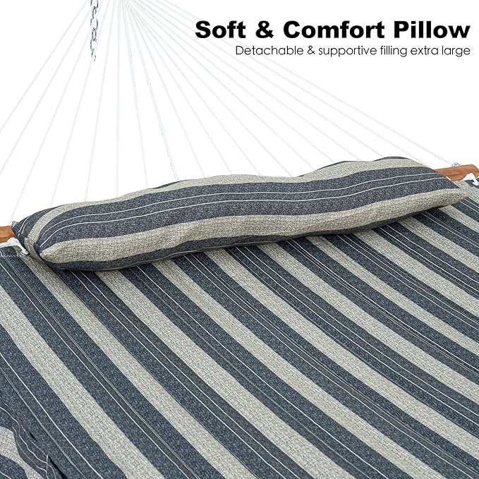 2 Person Hammocks for Outside, Double Quilted Fabric Outdoor Hammock with Spreader Bar, Large Removable Pillow, Storage Pockets, Carabiners, Max 475 lbs Capacity (Slate Grey)