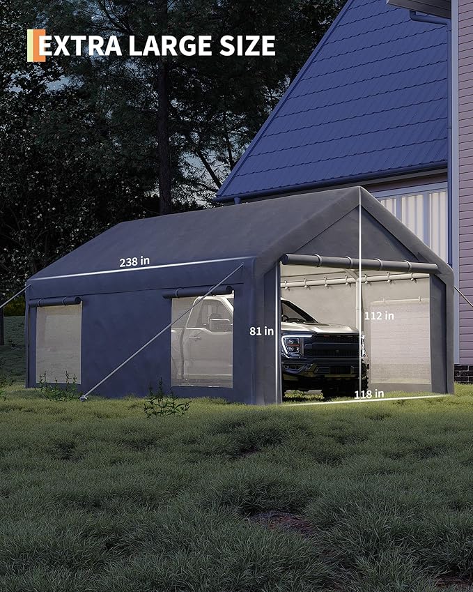 10x20 Ft Carport, Car Port with 200g PE Tarp, Roll-Up Doors, and 4 Windows, for Sedans, Bass Boats, Motos, ATVs, and SUVs, Light Gray
