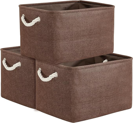 TheWarmHome Organization and Storage Basket for Shelves - 3 Pack 16x12x12 inch Fabric Storage Cubes, Cube Storage Bin for Organizing Closet Cloth Organizer Gift Toy (White & Brown)