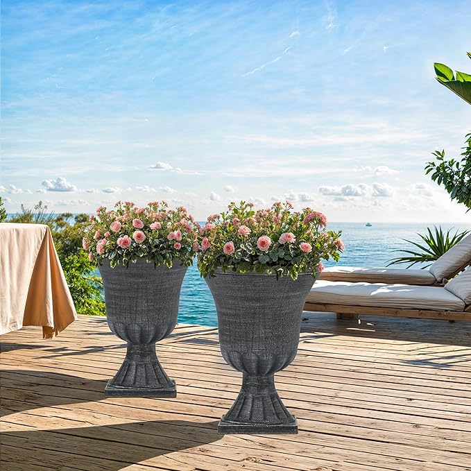 22" Large Urn Planters (Set of 2), Handmade Washed Black Plastic Flower Pots, Weatherproof for Porch, Garden, Patio or Home Décor