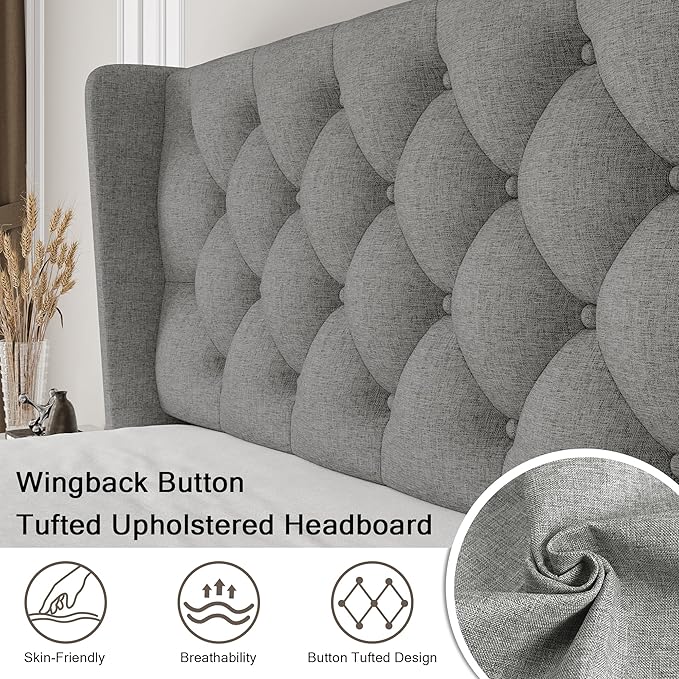 King Size Upholstered Bed Frame with Wingback Headboard, Fabric Linen Platform Bed, 8" Under Bed Storage, Wooden and Metal Slats Support, No Box Spring Needed, Light Grey