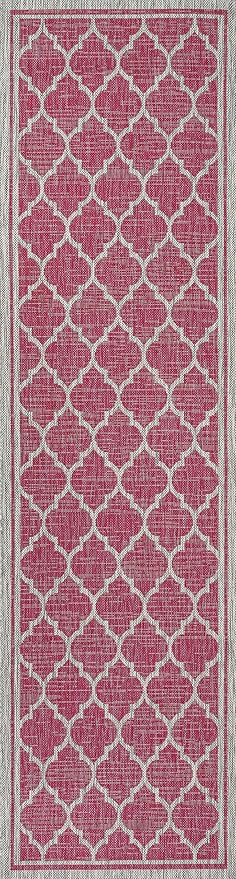 Eyely BMS109H-210 Santa Monica Trebol Moroccan Trellis Textured Weave Indoor/Outdoor Runner Rug Coastal;Bohemian, Bedroom, Backyard, Patio, Easy-Cleaning, Non-Shedding, 2 X 10, Fuchsia/Light Gray