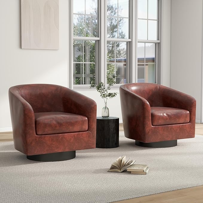 Swivel Barrel Chair, Modern Round PU Leather Accent Armchair for Living Room, Bedroom, Oversized Comfy Club Reading Chairs for Adults (Leather Red Brown, Set of 2)