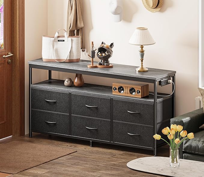 Huuger LED TV Stand for Bedroom, 47 Inch Dresser TV Stand for 43, 50, 55 Inch TV, Grey Black TV Stand with Storage, Entertainment Center with Power Outlets, 6 Drawer Fabric Dresser for Living Room