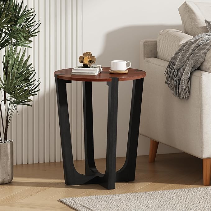 Acacia Wood Side Table,Modern Industrial Accent Tables with Wooden Frame,Round End Table for Living Room,Bedroom,Small Spaces or Patio,22.5" Brown+Black