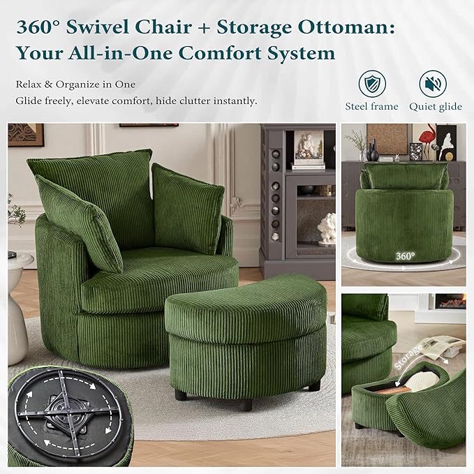 Swivel Accent Chair with Ottoman Comfy Reading Chairs for Bedroom Modern Corduroy Arm Chair 360°Swivel Barrel Chairs for Living Room,Apartment (Green, 1)