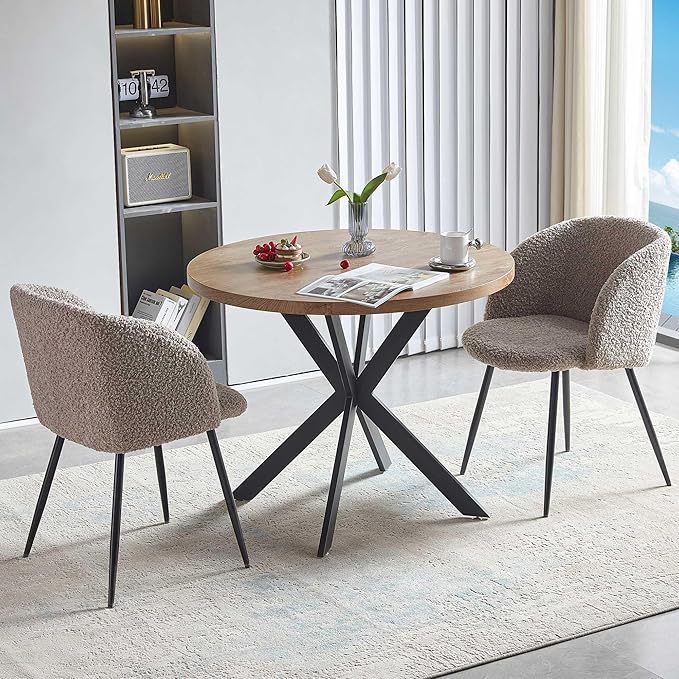 Dining Table Set for 2 with Chairs, 37" Engineered Wood Round Table Wipe Clean with 2 Fluffy Sherpa Arm Chairs, Modern Dinette Set with Metal Legs for Breakfast, Dining Room, Coffee Shop