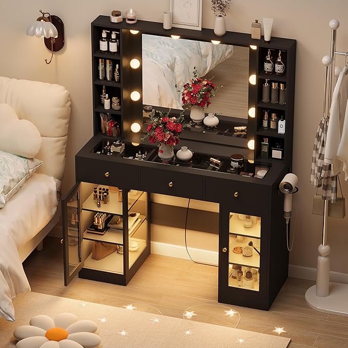 Black Vanity Desk with Mirror and Lights, Glass Top Vanity with Lighted Mirror & RGB Glass Cabinet and 3 Drawers, Makeup Vanity Desk with Lights Dressing Table for Bedroom, 3 Color Modes