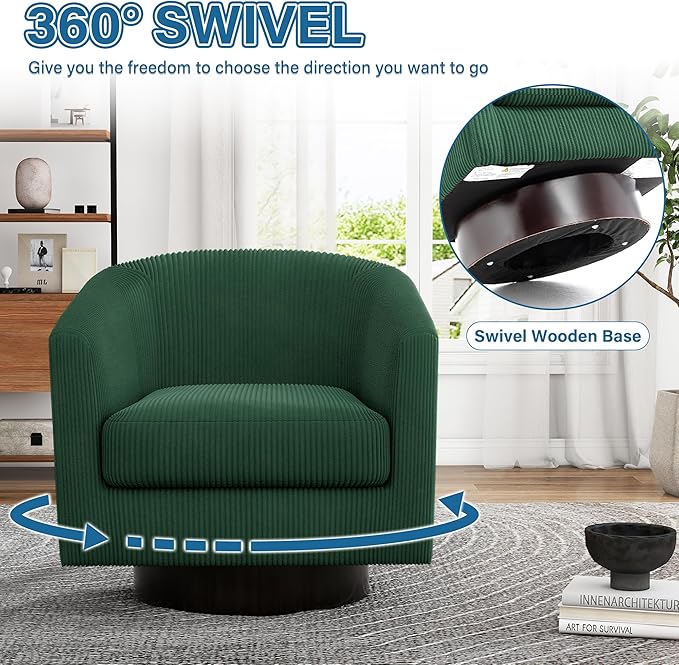 UIXE Swivel Accent Chair, Upholstered Corduroy Barrel Chair for Living Room, Small Single Sofa Bedroom Reading Seat, Dark Green