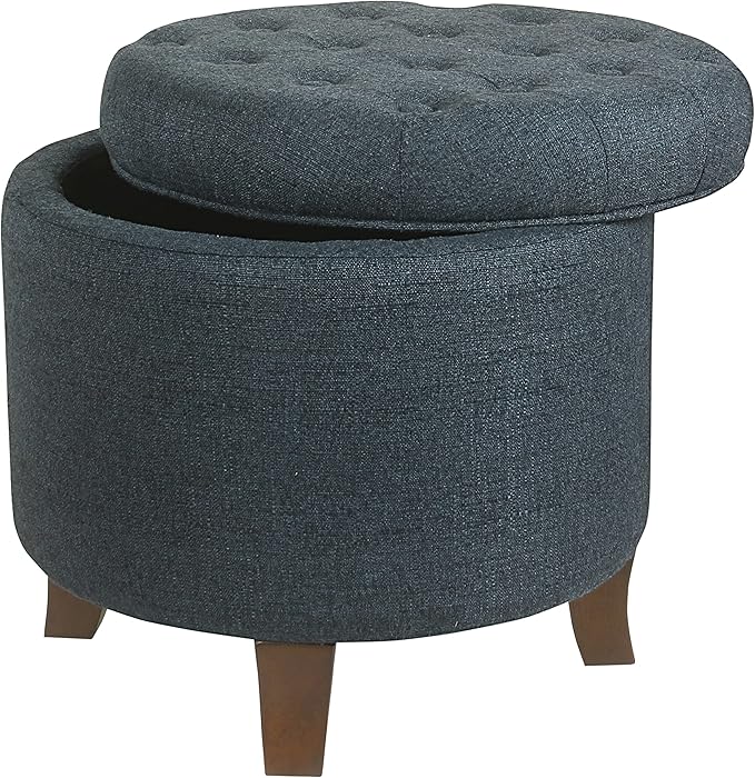 HomePop Home Decor | Upholstered Round Velvet Tufted Foot Rest Ottoman | Ottoman with Storage for Living Room & Bedroom | Decorative Home Furniture, Indigo Small
