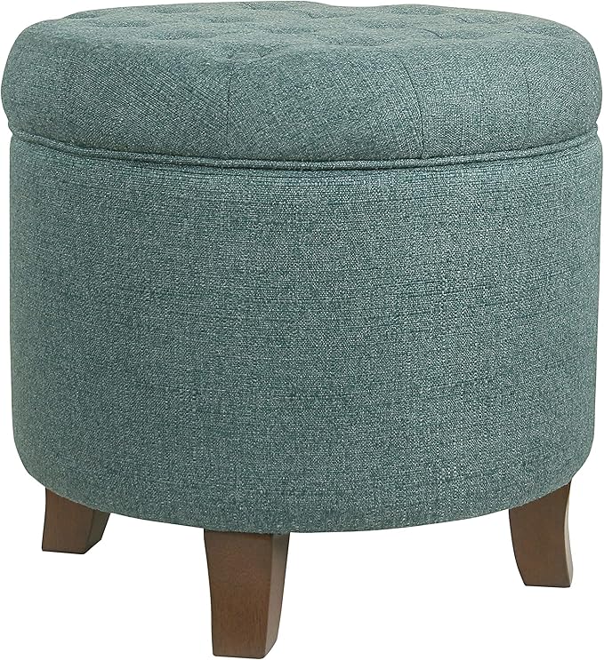 HomePop by Kinfine Fabric Upholstered Round Storage Ottoman - Button Tufted Ottoman with Removable Lid, Teal Woven