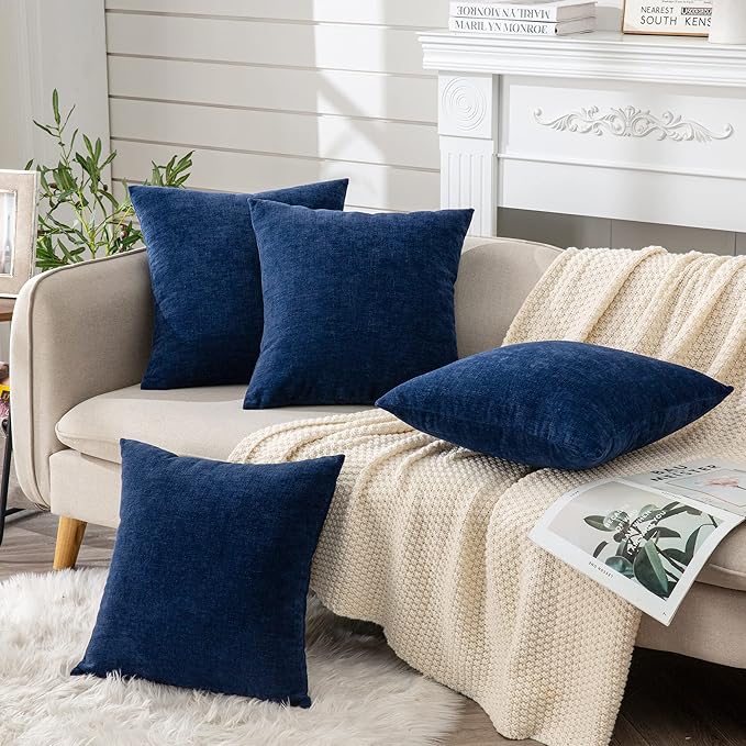 GAWAMAY Decorative Square Throw Pillow Covers 18"x18" Inch Set of 4, Super Soft Chenille Pillows Farmhouse Fall Pillowcase for Living Room Bedroom Sofa Couch Cushion Cover Navy Blue 45x45cm