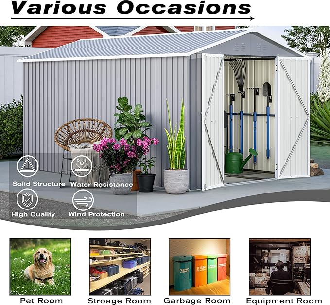8x12 Ft Large Metal Outdoor Storage Shed with Floor Frame & Lock, Durable Waterproof & Windproof Tool Shed for Garden, Backyard, Patio