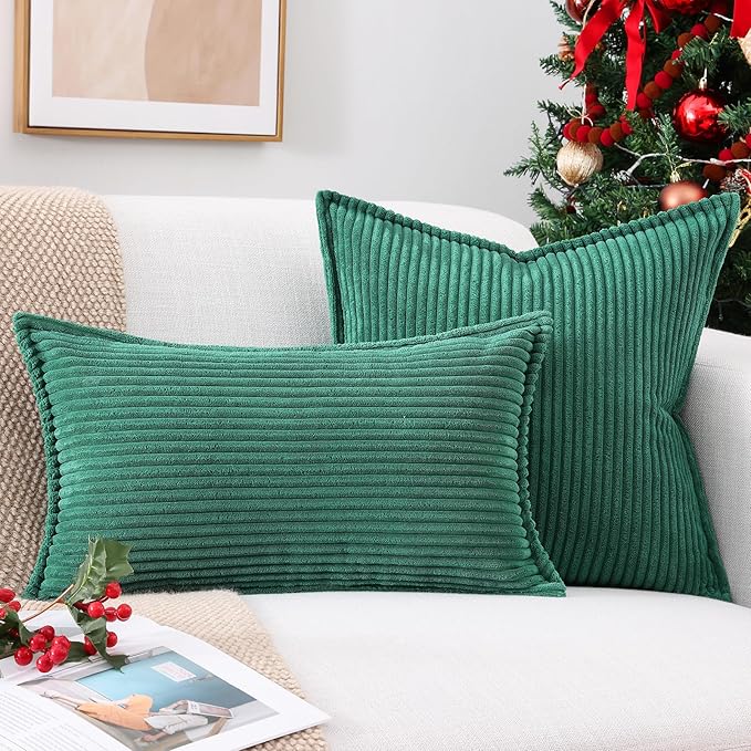 Mecatny Corduroy Throw Pillow Covers 24x24 Set of 2, Neutral Decorative Soft Boho Couch Pillow Covers with Broadside for Sofa Living Room, Green