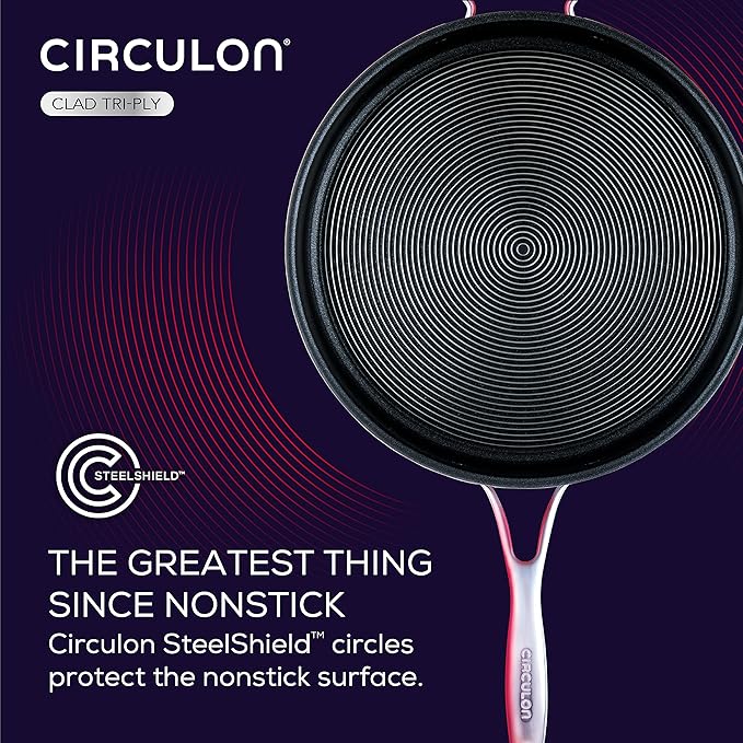 Circulon Clad Stainless Steel Saute Pan with Lid and Hybrid SteelShield and Nonstick Technology, 5 Quart - Silver