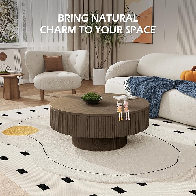 31.5” Round Fluted Coffee Table, Modern Wood Circle Coffee Table, Veneer Handcrafted Relief Tea Table with Sturdy Pedestal for Living Room - Brown