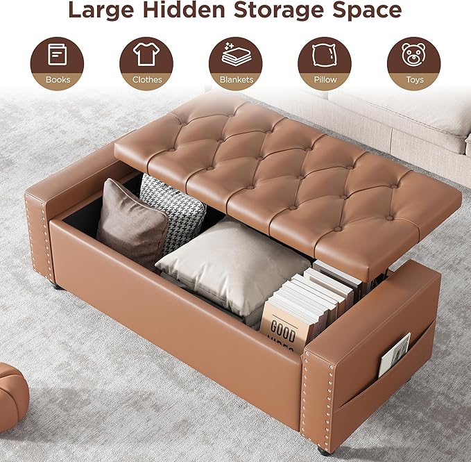 Maupvit Storage Ottoman Bench, 49 Inch Bedroom Bench, Upholstered Ottoman with Storage, Entryway Bench with Tufted Button, Faux Leather Window Bench for Bedroom, Living Room, Entryway, Hallway, Brown