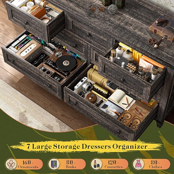 Farmhouse Dresser & Chest of Drawers, 7 Drawer Dresser with Smooth Metal Rails, Wide Large Storage Drawers and TV Stand for Bedroom, Hallway, or Closet