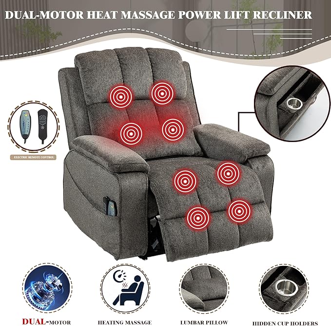 Lift Recliner Chairs for Elderly, Oversized Power Lift Chair with Heat and Massage, 180° Lay Flat Recliner with Extended Footrest, USB & Type-C Ports and Side Storage for Big Man 400lbs Sleeping