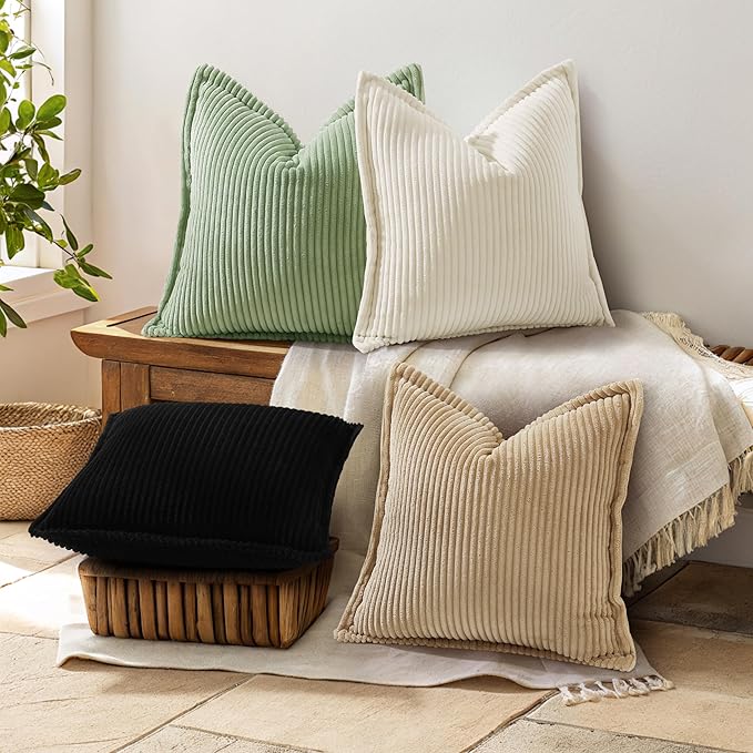 decorUhome Corduroy Black Throw Pillow Covers 12x20 Set of 2 Decorative Soft Boho Striped Lumbar Neutral Euro Farmhouse Couch Pillow Covers with Broadside for Living Room Bed Sofa