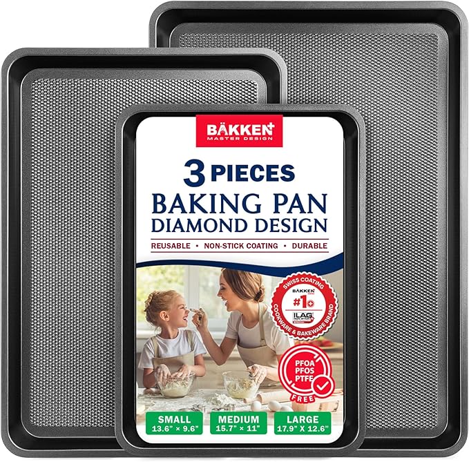 BAKKEN Kitchen Baking Pans - Small, Medium, and Large Cookie Pan (13.58×9.65, 15.75×11, 17.91×12.60), Nonstick, Diamond Texture Bottom, PFOA, PFOS, PTFE Free, Oven Safe Tray (450°F), Pack of 3, Gray