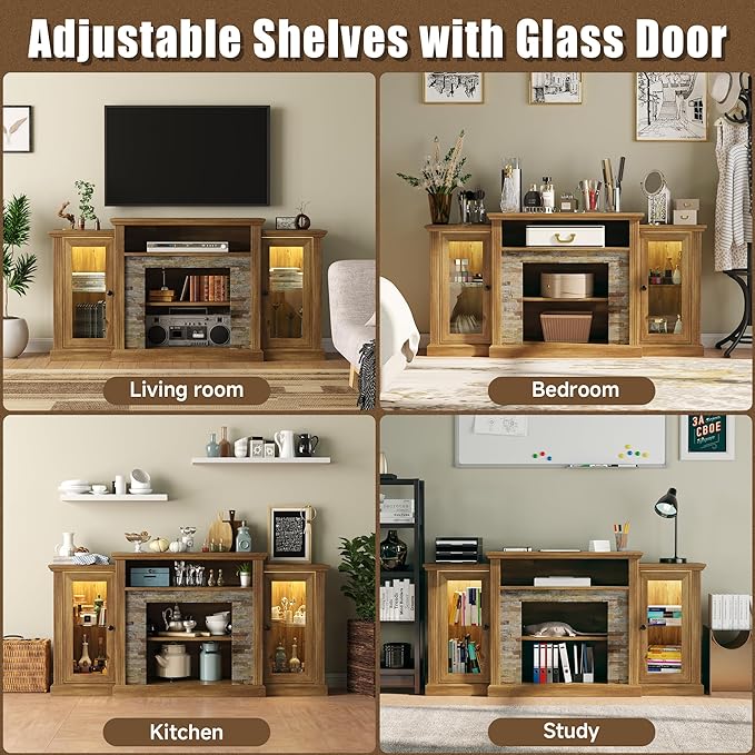 59 inch TV Stand, Farmhouse Entertainment Center with LED Lighted Display Cabinets, Console Table with Faux Flat Stone Texture for Living Room Bedroom,Antique Pine