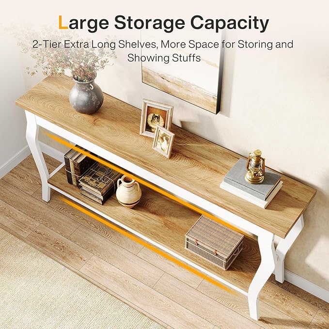 Tribesigns 70.9 Inches Extra Long Sofa Table Behind Couch, Vintage Console Entry Table with 2-Tier Storage for Hallway, Entryway, Living Room, White & Light Oak