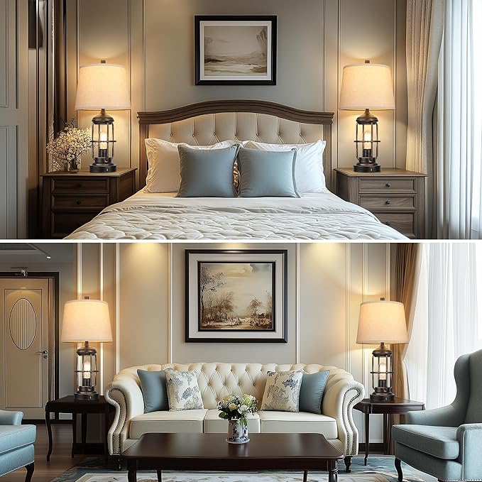 QiMH Table Lamp for Living Room with USB A+C Ports, Farmhouse Bedside Lamp with Nightlight, 3-Way Dimmable Touch Control, Retro Industrial Nightstand Lamp for Bedroom, Bulbs Included, Bronze