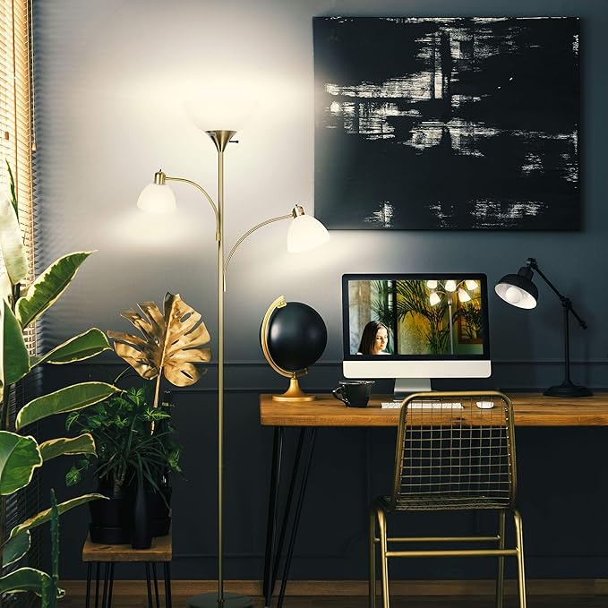 Brightech Sky Dome Double LED Floor lamp, Torchiere Super Bright Floor Lamp with 2 Reading Lamps for Living Rooms & Offices - Dimmable Tall Standing Lamp for Bedroom Reading - Tall Brass Pole