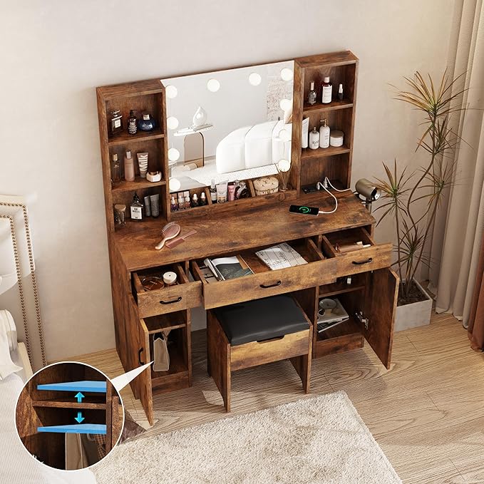 Makeup Vanity Table with Lighted Mirror & Outlets, Large Vanity Set Vanity Desk with Lots of Storage, 3 Lighting Modes, Brightness Adjustable, 45inch