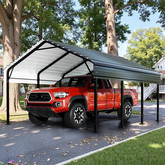 JY QAQA 12 x 15 FT Metal Carport Kits with Galvanized Steel Roof, Heavy Duty Metal Carport Canopy, Outdoor Car Tent Garage Shelter for Car, SUV, Truck and Boats