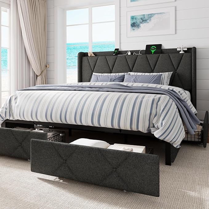King Size Bed Frame with 4 Storage Drawers, Upholstered Platform Bed with Charging Station, Modern Wingback Storage Headboard, Easy Assembly,Noise-Free, Dark Gray