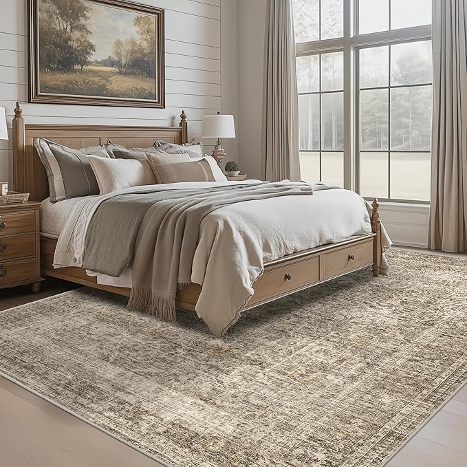 FMFUNCTEX 6x9 Washable Area Rug Vintage Neutral Distressed Large Taupe Non Slip Carpet for Living Room Bedroom Soft Low Pile Indoor Mat Retro Floral Throw Rug for Dining Room Kitchen Office Nursery
