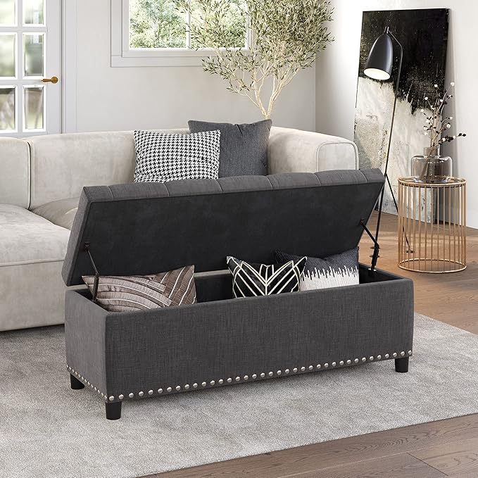 BELLEZE 47" Storage Ottoman, Storage Bench with Safety Close Hinge, Linen Button-Tufted Ottoman for Living Room, Entryway, Hallway, Foot Rest, Support 300lbs - Dark Gray