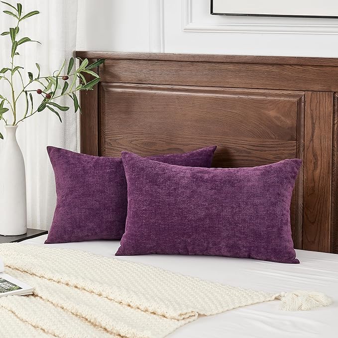 GAWAMAY Lumbar Pillow Decorative Rectangle Throw Pillow Covers 12"x20" Inch Set of 2, Super Soft Chenille Fall Pillowcase for Living Room Bedroom Sofa Couch Cushion Cover Purple 30x50cm (ONLY Covers)