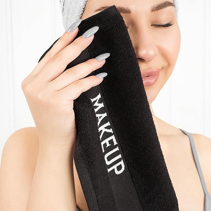 American Soft Linen, Makeup Remover Face Cloth, 100% Cotton Makeup Towels, 4 Packed Face Towels, 12x12 inches, Black