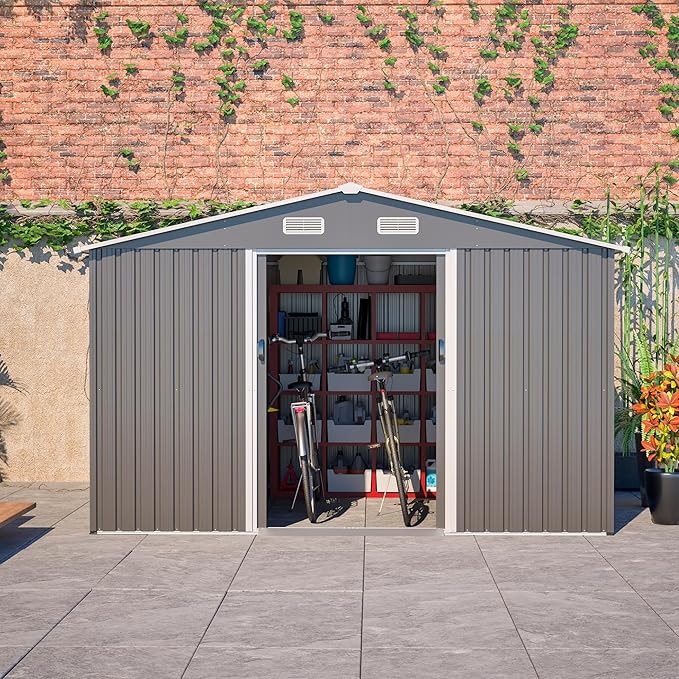 Storage Shed 10x8 FT Outdoor Metal Garden Shed with Lockable Sliding Door and Air Vents Galvanized Steel Shed with Air Vents Waterproof Roof Ideal for Backyard Patio Lawn Dark Gray