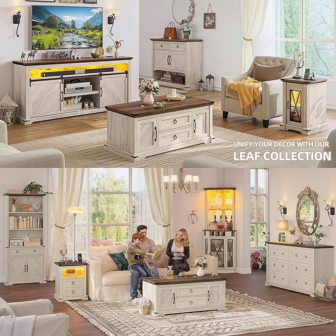 YITAHOME TV Stand for 75 Inch TV with Power Outlets, LED TV Stands Farmhouse Entertainment Center TV Media Console with Sliding Barn Doors for Living Room, Off White & Walnut Grain