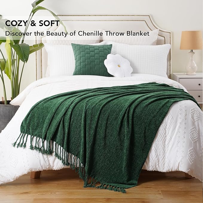 BATTILO HOME Chenille Knit Throw Blanket for Couch, Soft Cozy Dark Green Knit Throw Blanket with Fringe, Lightweight Throw Blanket for Home Decoration, 50"x60"