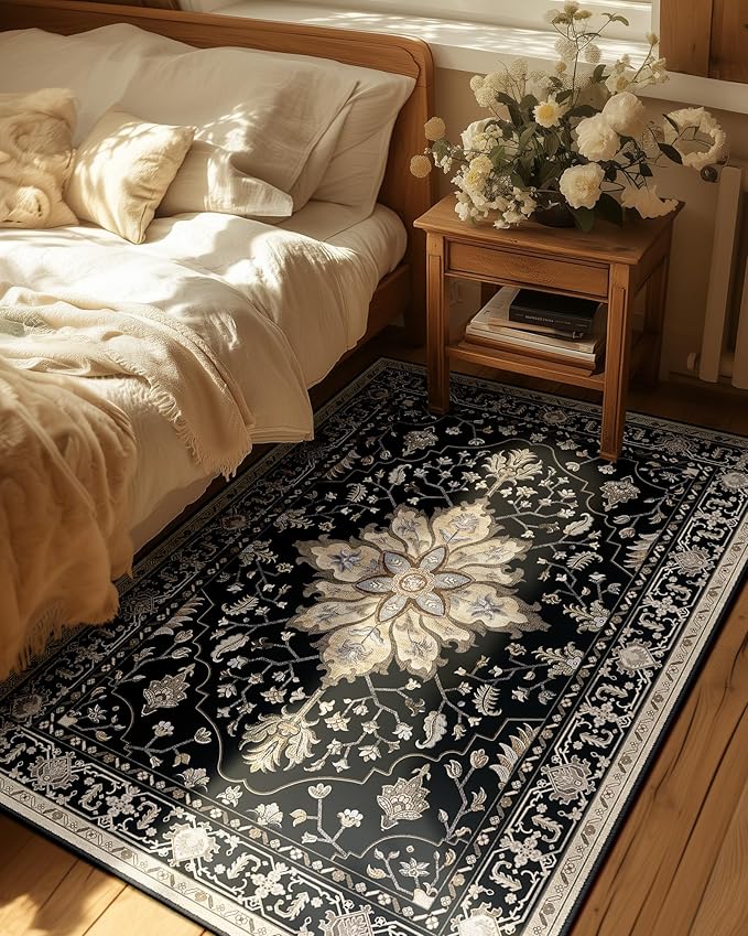 Area Rugs 6'x9' Washable Non-Slip, Floral Vintage Distress Print Pattern Medallion Carpet for Living Room Bedroom Dining Room, Black Brown Neutral Dark Tan